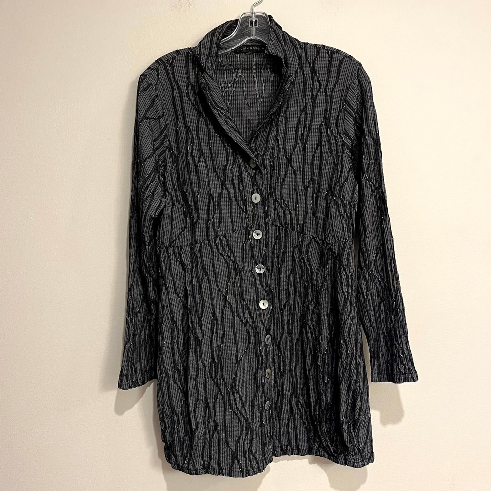 Cut Loose Tunic Top Blouse Black Crinkle Textured Button Front Womens Small